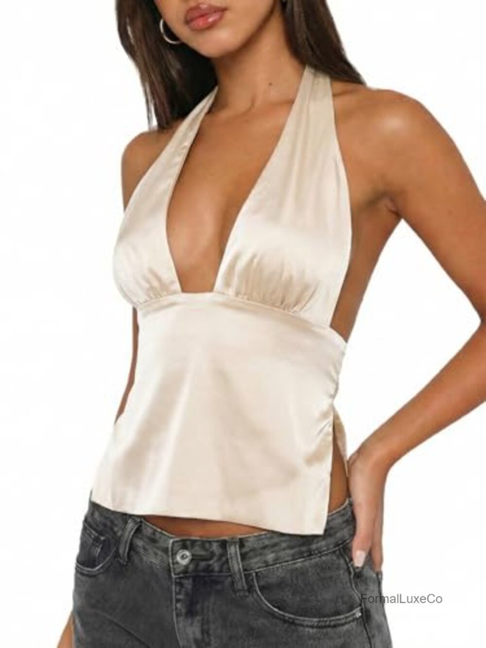 Womens Satin Halter Top Deep V Neck Backless Tie Y2K Going Out Crop